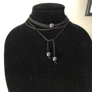 Leather and pearl wrap necklace